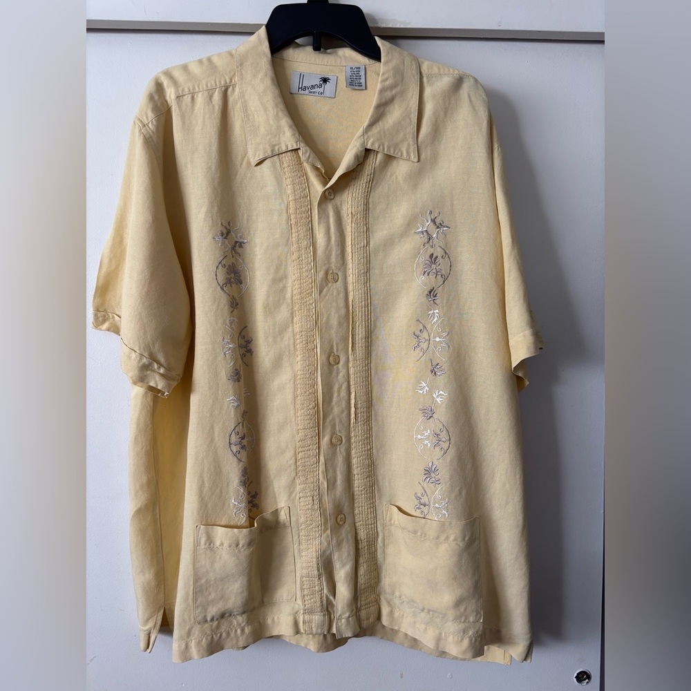 Havana Men's Canary Yellow Embroidered Short Sleeve Shirt XL